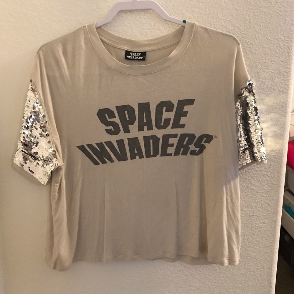 Sequin sleeved “Space Invaders” boxy T-shirt